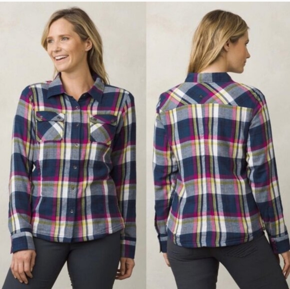 PrAna Bridget WomensThermal Lined Flannel Blue Plaid Top M Snap Up Shacket Shirt